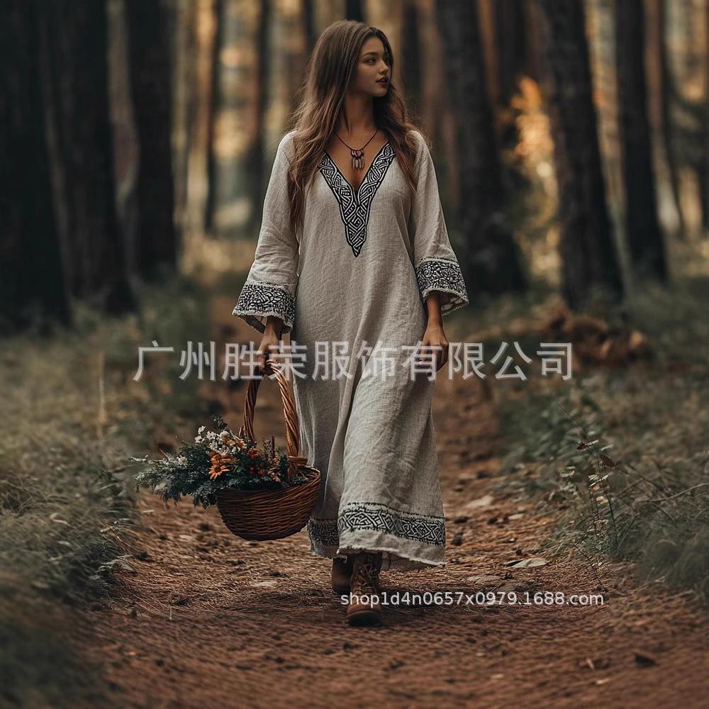 New, Bohemian print V-neck long-sleeved print dress
