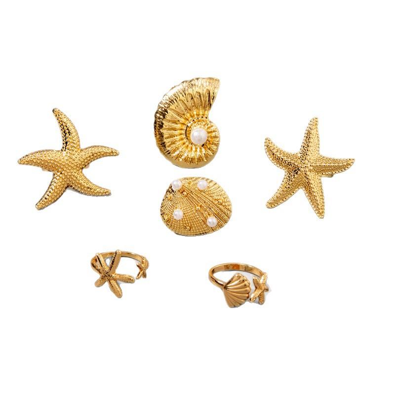 Accessories, Holiday Style Starfish Pearl Ring Set Open Scallop Metal Ring Ring Women