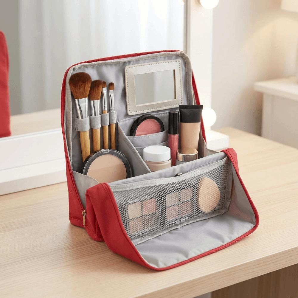 Large Capacity Vertical Makeup Bag Standable Multi-Compartment Skincare Storage Bag with Mirror Partitioned Cosmetic Organizer