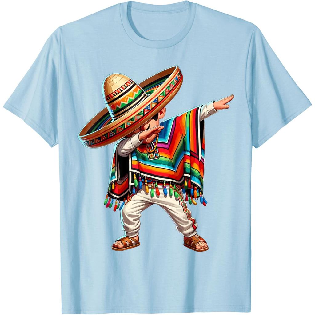 Mexican Boy Dabbing Poncho Sombrero Graphic Tee Cinco de Mayo Casual Cotton T-Shirt