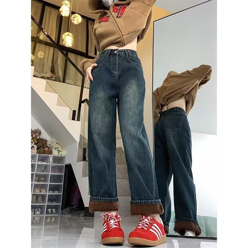 Women's High-Waisted Fleece-Lined Jeans - Winter 2024, Loose Slimming Fit, Plus Size, Straight Wide Leg.