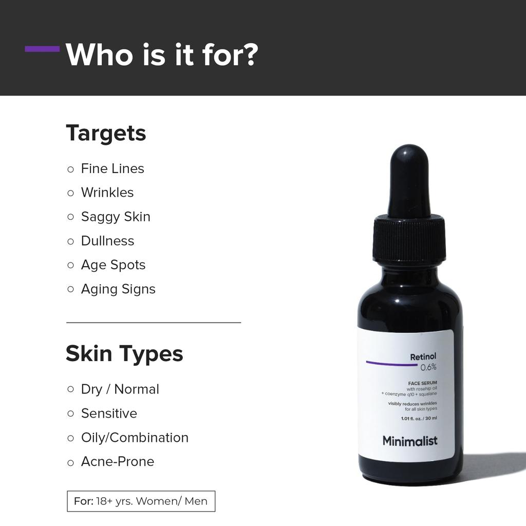 Minimalistisches Retinol 0,6 % Anti-Aging-Gesichtsserum mittlerer Stärke für Unisex, reduziert feine Linien und Fältchen, Retinol-Formel mittlerer Stärke (Packung mit 1)