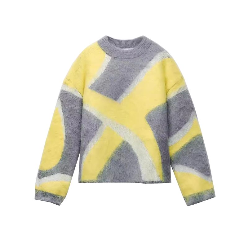 Fall and Winter New Arrival Women's Clothing Oumeitong Diligent Style Loose Round Neck Long Sleeves Splicing Knitwear Sweater 2893118