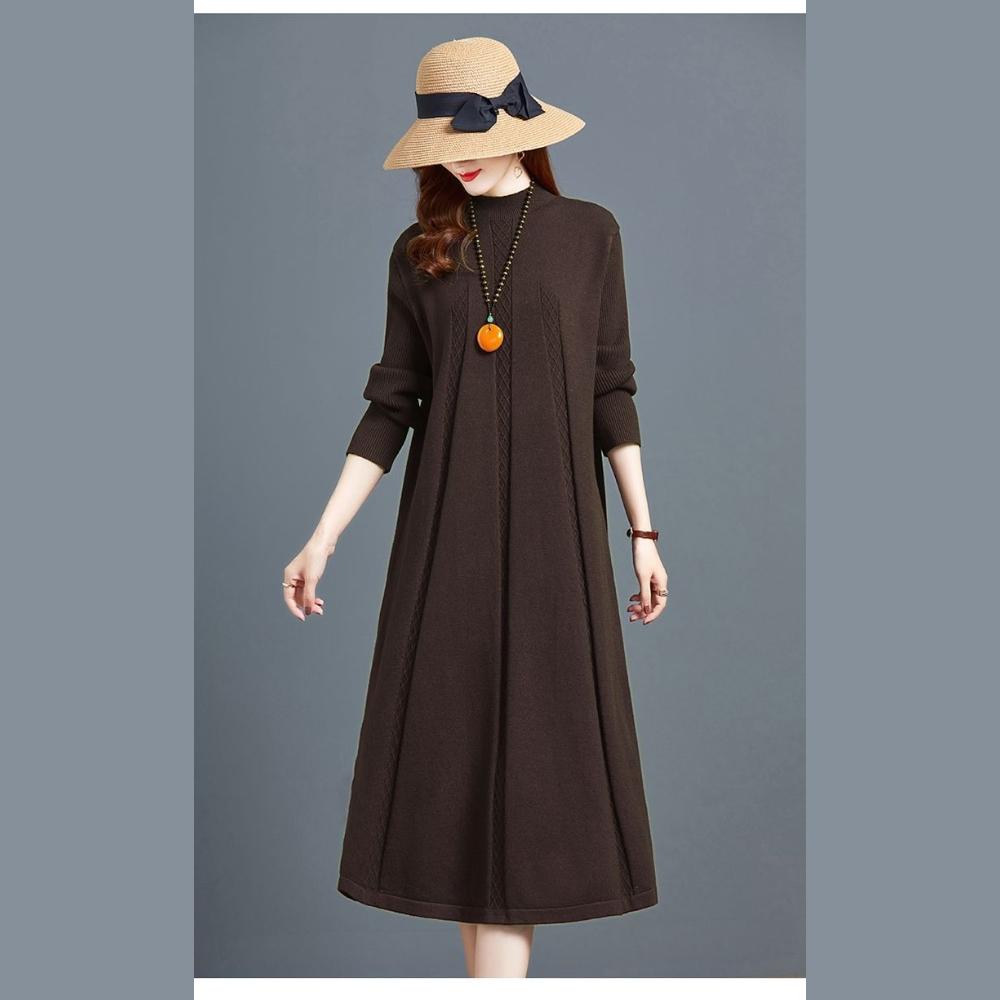 Long Knee-length Knitted Dress for Women In Autumn and Winter Solid Color Loose Plus-size Sweater Dress Half Turtleneck Sweater A-line Dress