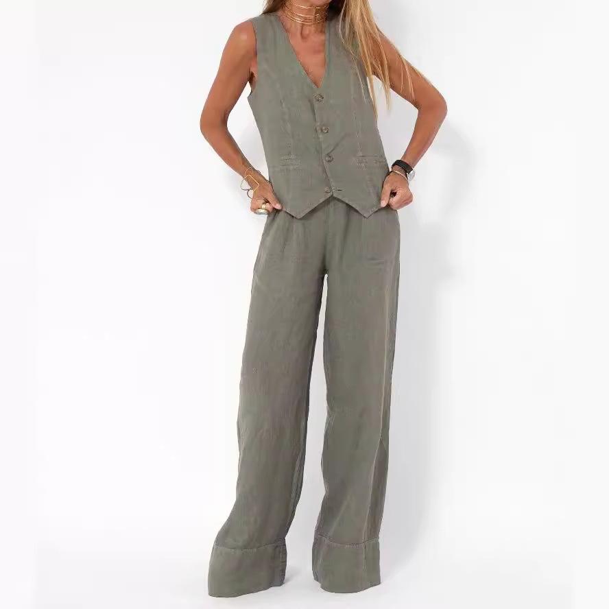 Women's 2 Piece Linen Outfit Sleeveless V Neck Button Vest High Waist Wide Leg Long Pants Casual Commuter Matching Set For Spring Summer Autumn
