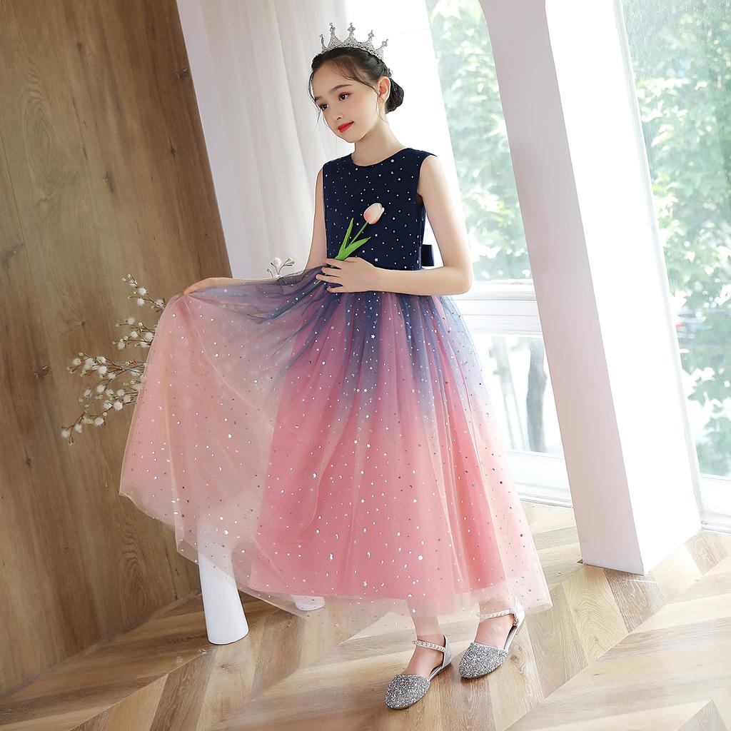 Weileenice Size Long Dress with Gradient Perfect for and Formal Stylish Tulle Dress with Navy Pink, 140, Girls' Sequins, Weddings, Birthdays,