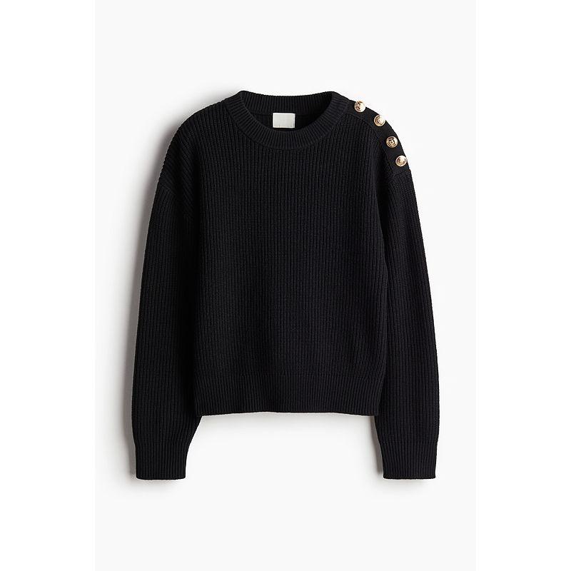 

HM Women s Sweater Autumn Plaid round Neck Loose Shoulder Knitting Long Sleeves Pullover 1246677 Black 160/88(S)