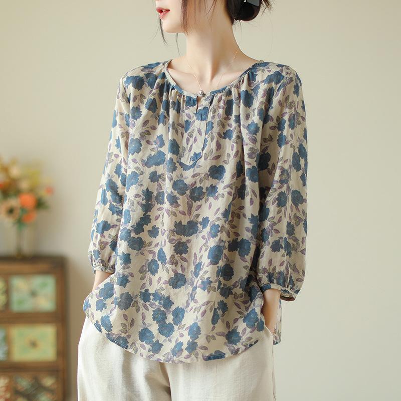 Artistic Retro Cotton and Linen Top Loose Floral Seven Quarter Sleeve Top Women's Blouses & Shirts
