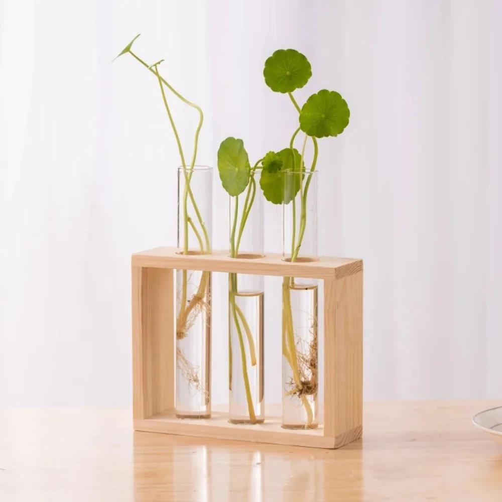 Modern Simple Transparent Tube Glass Vase Hydroponic Planter with Wooden Stand Desktop Plant for Wedding Home Decoration