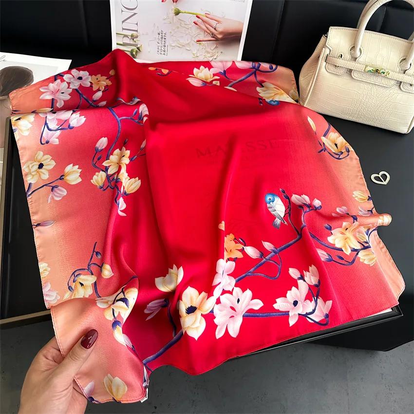 Imitation Silk Square Scarf Women Floral Print Soft Satin Kerchief Hairband Neckerchief Hijab Lady Headband Foulard Bag Ribbon