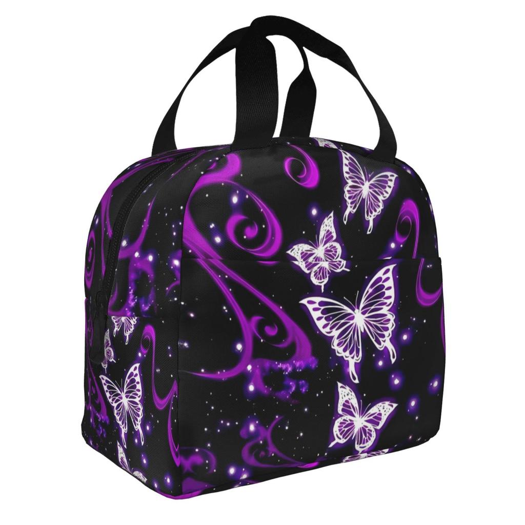 Bling Galaxy Purple Butterfly Print Portable Lunch Boxes Waterproof Thermal Cooler Food Insulated Lunch Bag Kids School Children