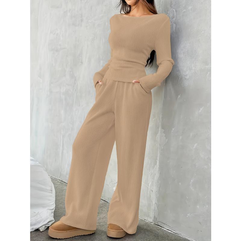 Women S French Style Slim Fit Long Sleeve Top And Wide Leg Pants Set
