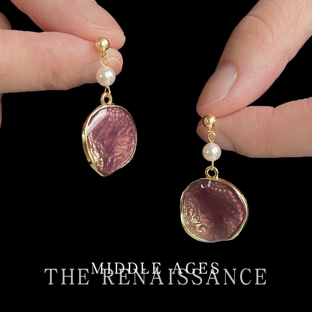 Винтажные эмалевые серьги с капающим маслом, фиолетовые, геометрические, круглые, текстурные, французские, ретро, элегантные, женские