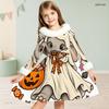 Girls Furry Trim High Neck Long Sleeve A Line Flared Hem Ghost Pumpkin Floral Printed Dress