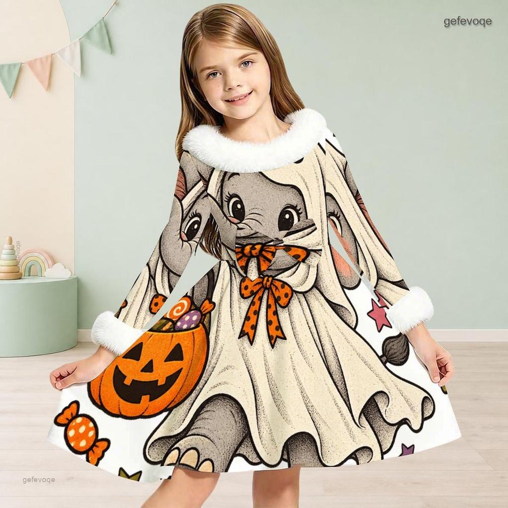 Girls Furry Trim High Neck Long Sleeve A Line Flared Hem Ghost Pumpkin Floral Printed Dress