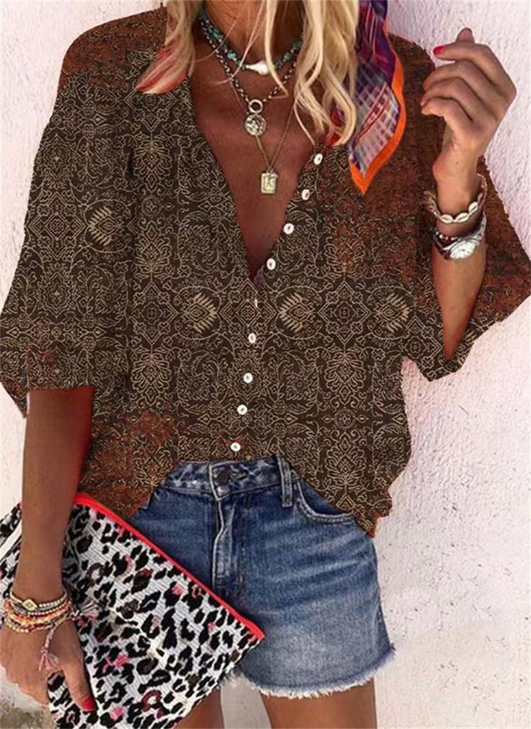 #Fashion Summer Women's Stand-Up Collar Loose Button Retro Printed Casual Shirt