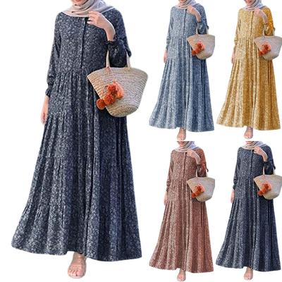Women's Fashion Casual Button Round Neck Long Sleeve Muslim Floral Dresses