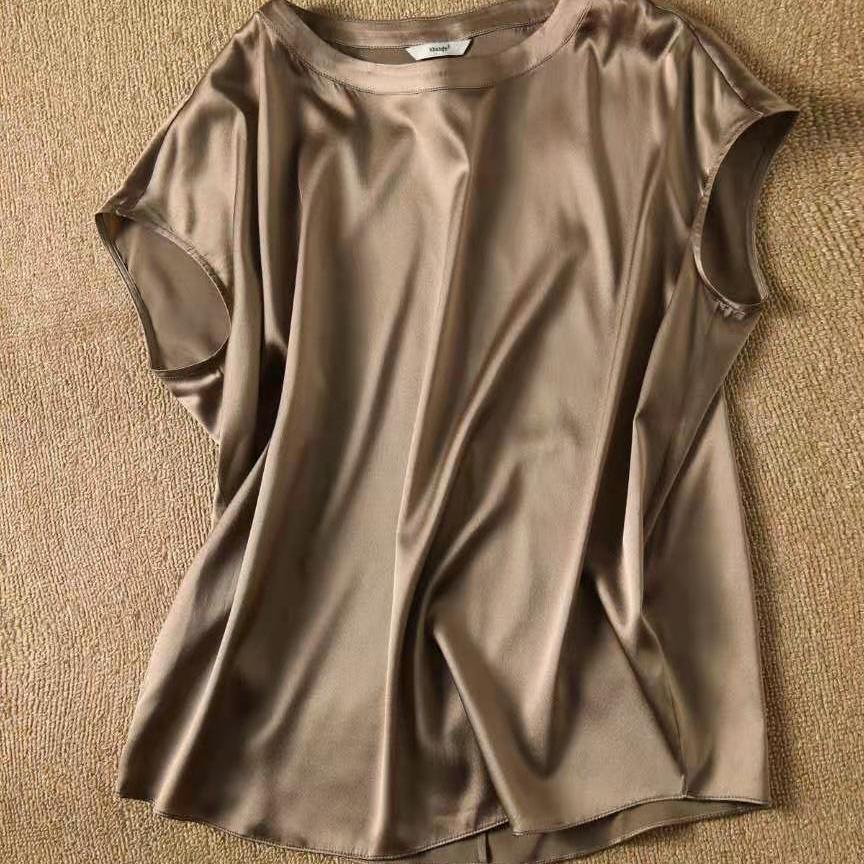 Summer Fashion Satin Shirt Women Casual O-neck Short Sleeve T-shirt