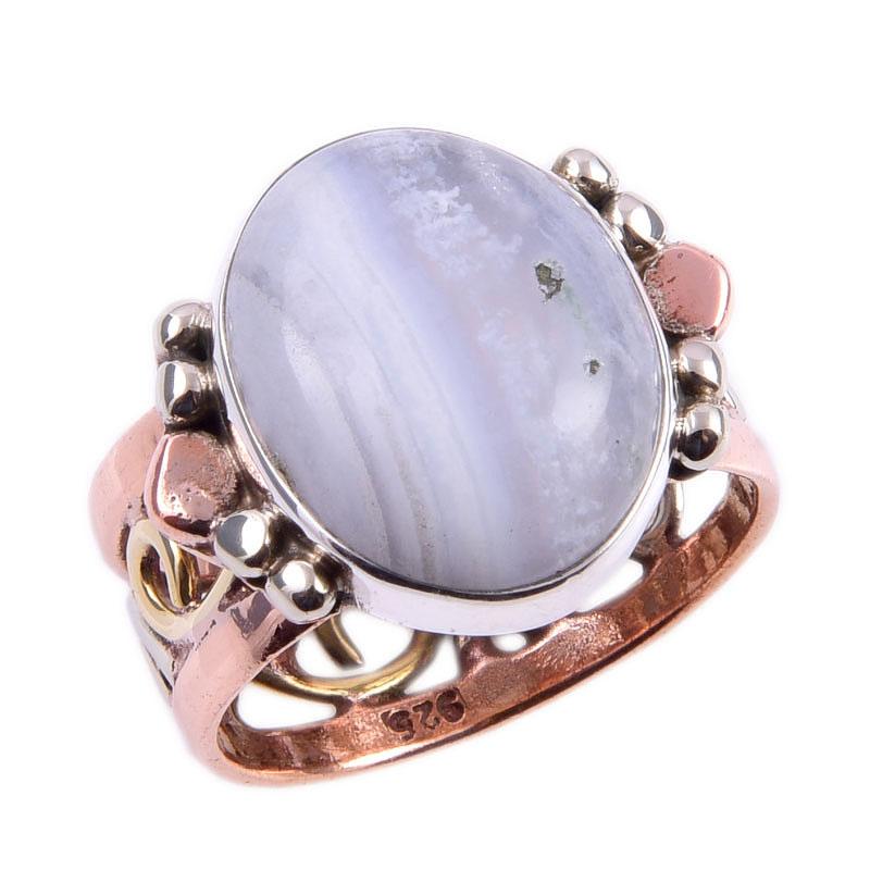 Natural Blue Lace Agate Gemstone 925 Sterling Silver Two Tone Ring Size 6.5 F2z58