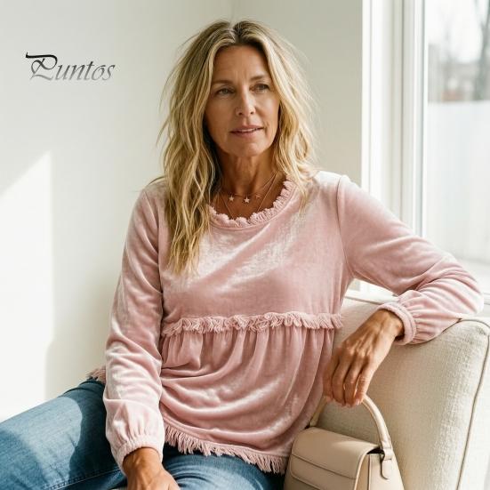 Autumn Outfit Women Fall O-Neck Shirt, Loose Fit Casual Fringe Blouse, Solid Long Sleeve Pullover Color Ruffle Top with Tassels Shirt