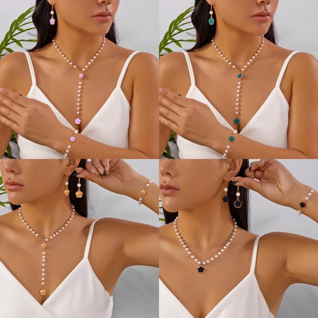 Geometric Flower Shape Jewelry Set With Pearl Pendant For Women Fashion Accessories