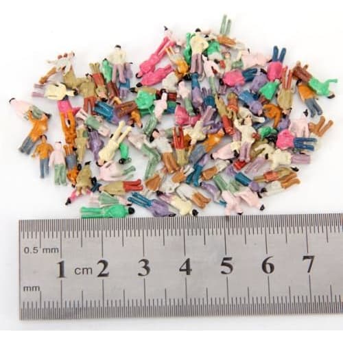 Set of 100 1:150 Scale Painted Figures, 8-11mm, for Model Trains, Dioramas, Architectural Models, and Trains.