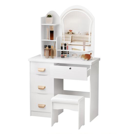 Makeup Vanity Desk with LED Lighted Mirror, Vanity Table with 4 Drawers and Opening Shelves, Bedroom Dressing Table with Stool