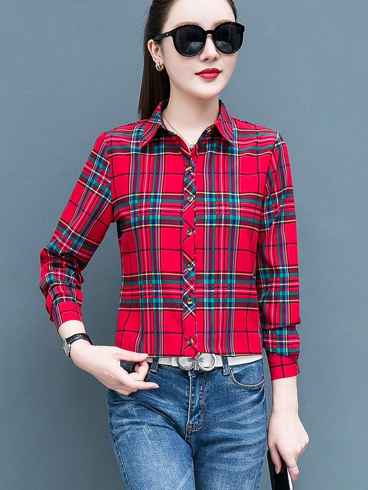 Geruit Overhemd Dames Honderd Dames Tops Los Retro Hong Kong Smaak Lange Mouw Overhemd