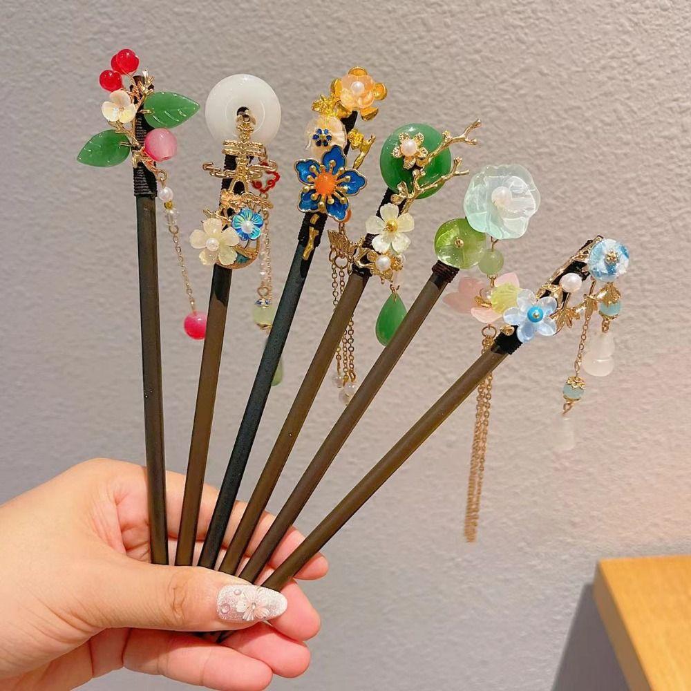 Elegant Wooden Hair Stick Chinese Style Hairpin Flower Hair Forks  for Cosplay Party