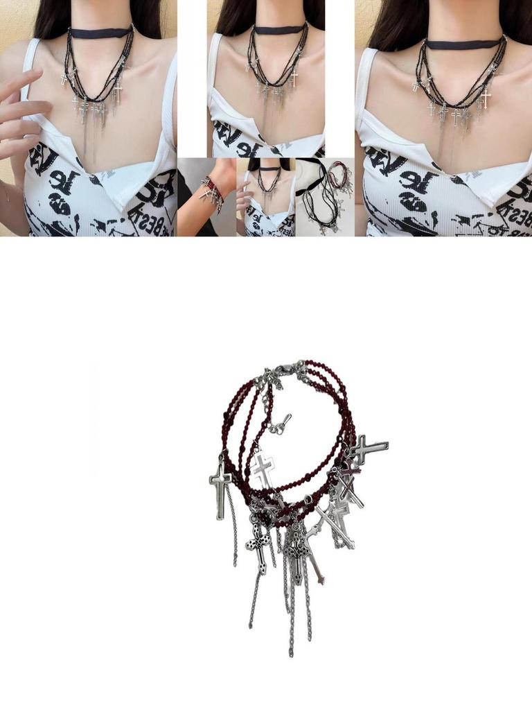 Gothic Cross Layered Necklace Trendy Tassel Choker For Summer Gift Alloy Plated