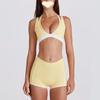 Q1R Two-Piece Color Block Fitness Shorts & V-Neck Halter Sports Bra Yoga Set - Quick-Drying & Breathable