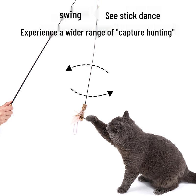 Retractable Cat Fishing Rod with Feather Teaser and Bite-Resistant Replacement Head for Self-Play and Boredom Relief.