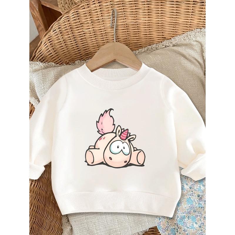 Kids Crewneck Sweatshirt, Cute Unicorn Print Lightweight Pullover for Spring Autumn Outdoor Wear 110 белый