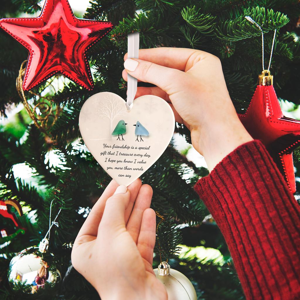 Christmas Heart-Shaped Sea Glass Keepsake Pendant Hanging Ornament Friendship Decor for Best Friends Xmas Tree
