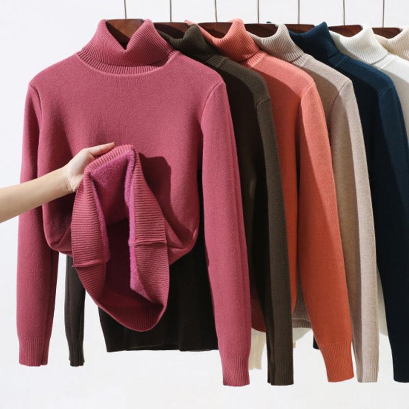 Rolák Zimní Svetr Dámský Elegantní Zesílený Sametová Podšívka Teplý Sueter Pletený Pulovr Slim Top Pletené Oblečení Svetr