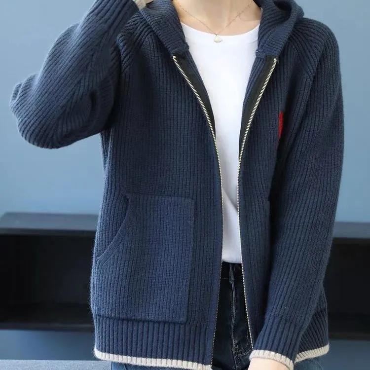 

Женское осеннее вязаное шерстяное пальто с капюшоном на молнии, свободный короткий кардиган, топы с длинным рукавом 3XL темно-синий