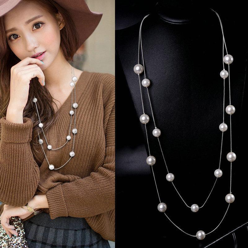 New Elegant Long Double Layer Simulated Pearl Necklace Women Sweater Chain Female Collares Statement Jewlery Accesories