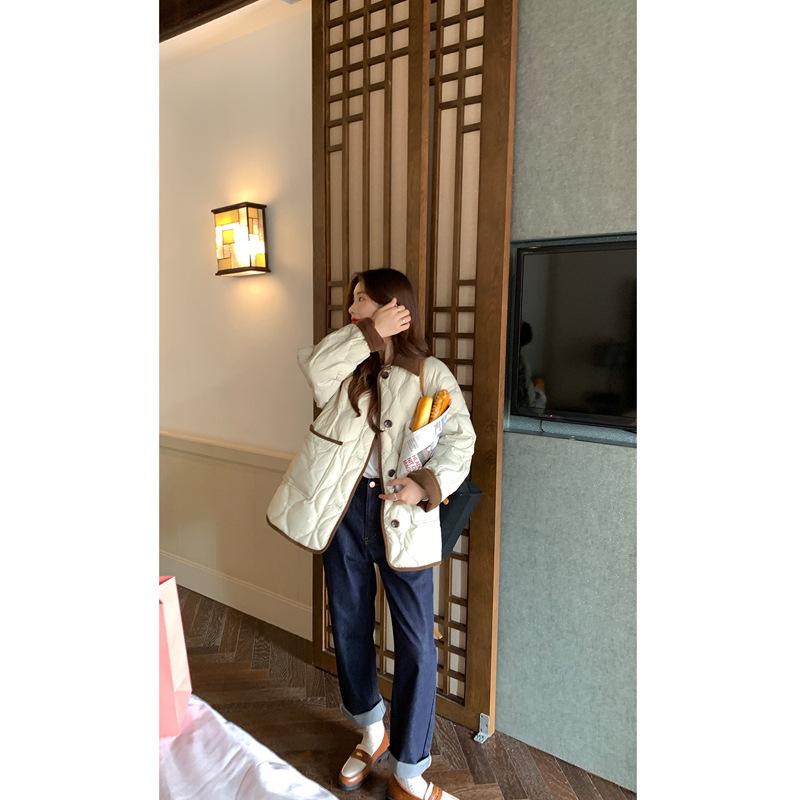 Light Rhombus Imitation Down Cotton-padded Clothes for Women's Winter New Contrasting Color Short Pie Overcome Corduroy Lapel Bread Jacket