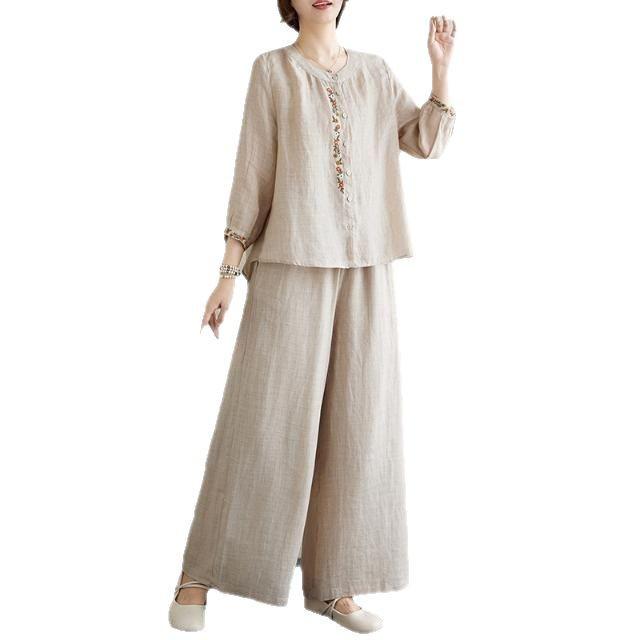 Plus Size Women's Cotton Linen Embroidered Two-Piece Set - Spring Fashion