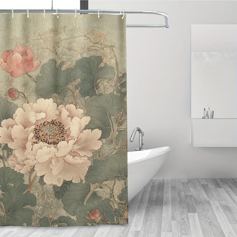 1pc Elegant Chinese Peony & Lotus Shower Curtain, Polyester, Subtle Floral Design Easy to Clean, Ideal for Bathroom Decor