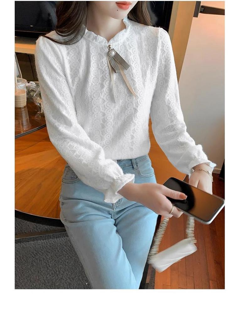 Women's Autumn/Winter Lace Half-High Neck Shirt with Velvet - 2023 Trendy Innerwear Fashion Top