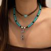 European and American Jewelry Retro Imitation Turquoise Sweater Chain Niche Beaded Necklace Set Ethnic Style Cactus Necklace Decoration