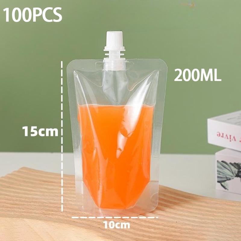 

100Pcs Stand Up Liquid Spout Pouch Bag / Clear Plastic Beverage Container Juice Storage Spout Bags 200ML 100PCS