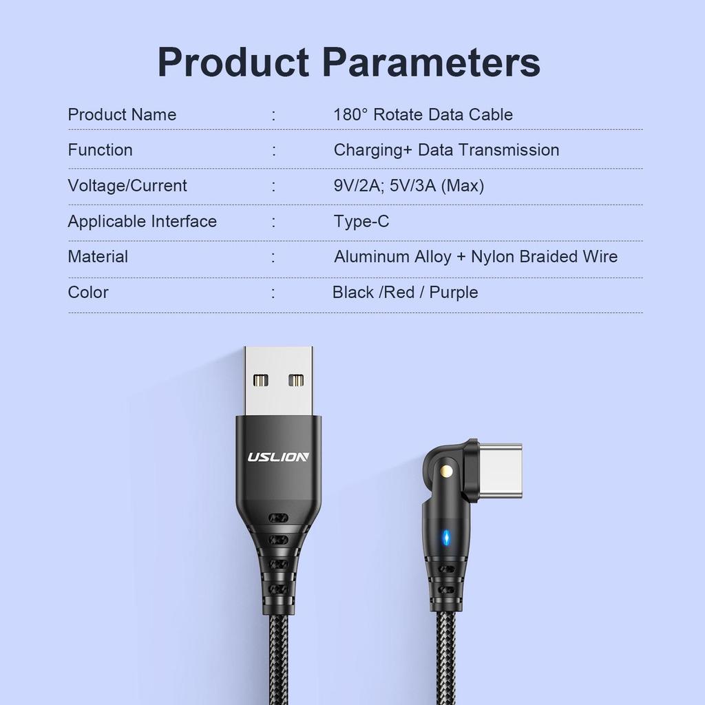 180° Schnelllade-USB-C-Winkelkabel, 3A, 2M - Universelles Flash-Laden für Android