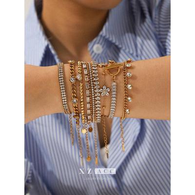 18k Gold Stainless Steel Zircon Bracelet – Classic Minimalist European & American Style, Non-Fading Women's Jewelry.