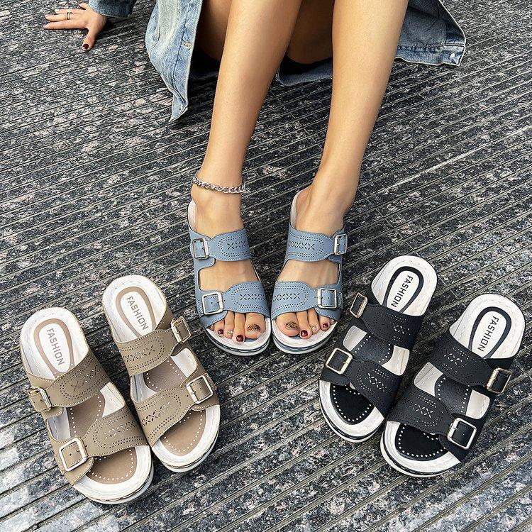 Large size wedge slippers women's summer new hollow belt buckle light outer wear casual sandals women