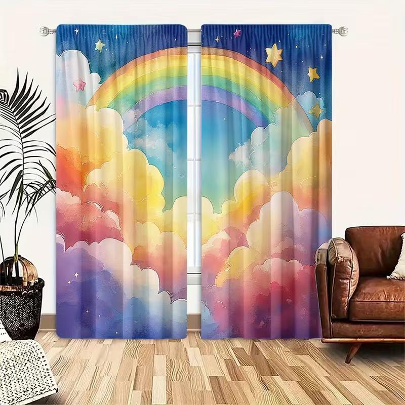 2Pcs Colorful clouds rainbow print curtains,suitable for bedroom,living room kitchen decoration,home decoration,window decor