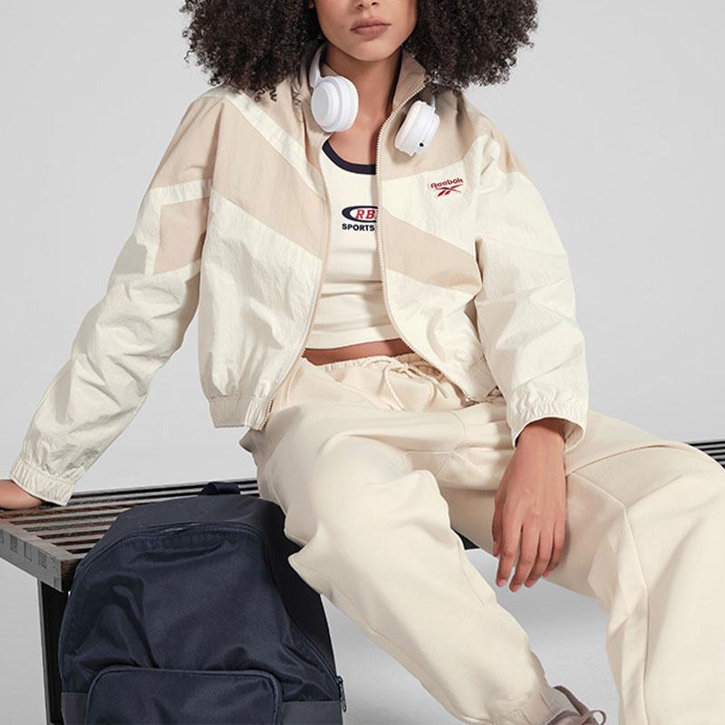 Reebok Retro Sports Stand Collar Short Color Block Woven Jacket Women Jacket Beige 24SRC106WGW1
