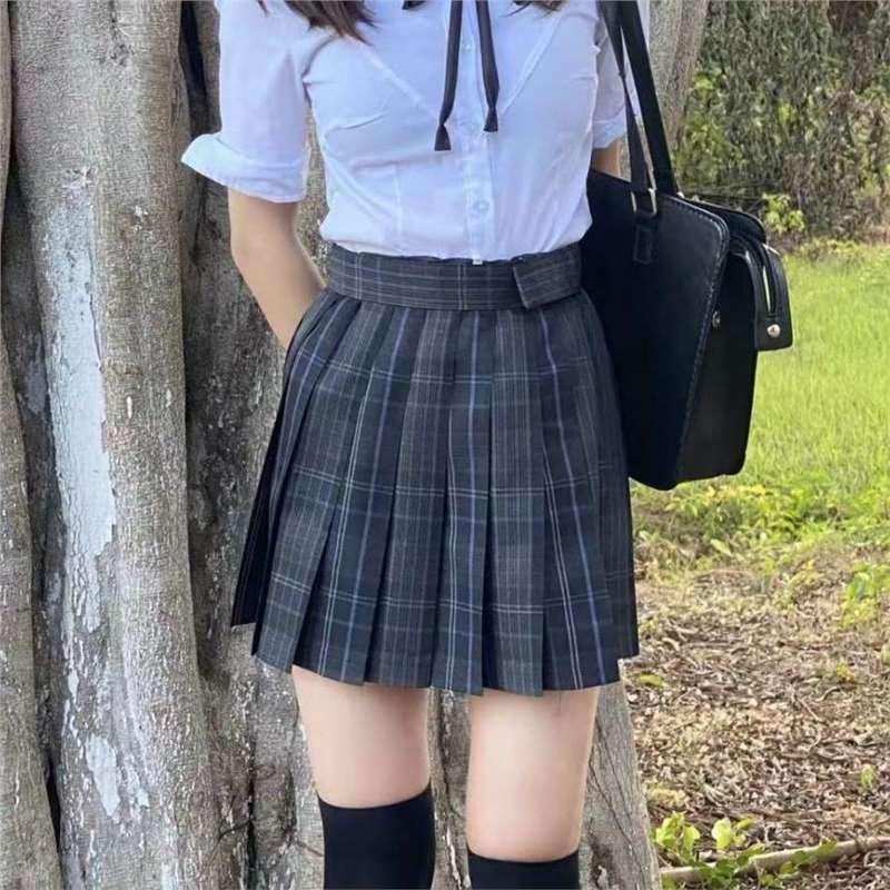 Summer Waist-Cinching Short-Sleeve Shirt & Versatile Plaid Skirt Set: Sexy & Slimming JK Style