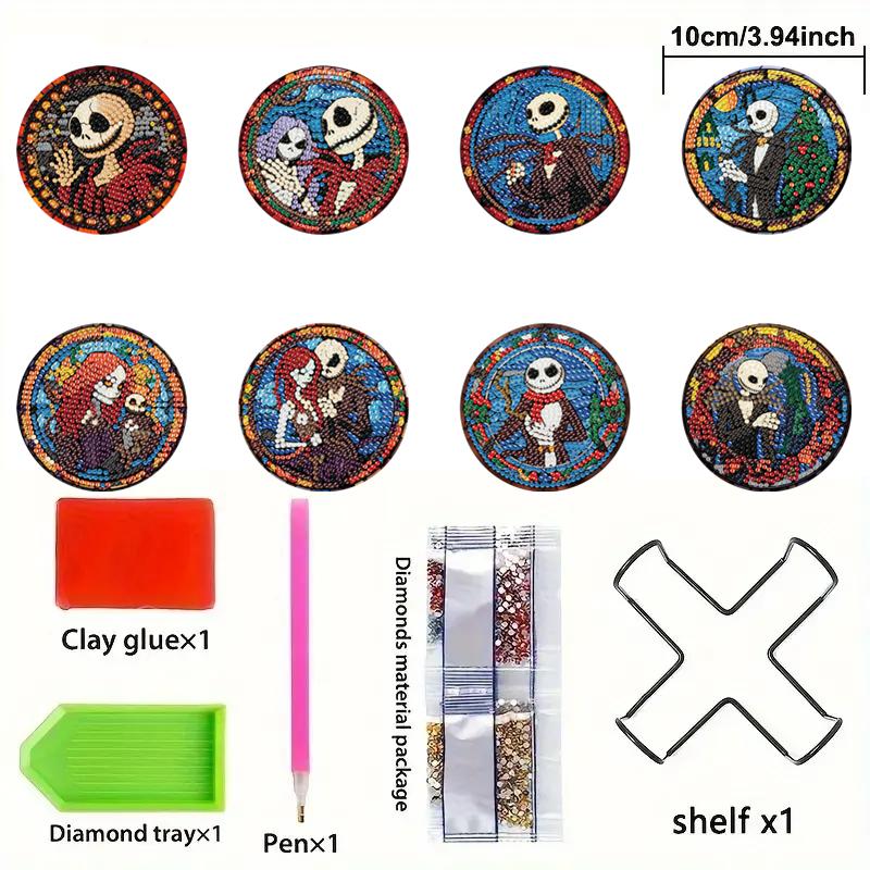 8pcsets Diamond Painting Coasters Kits with Holder Skull Series Diamond Coasters Art Kits for Adults Home Decor